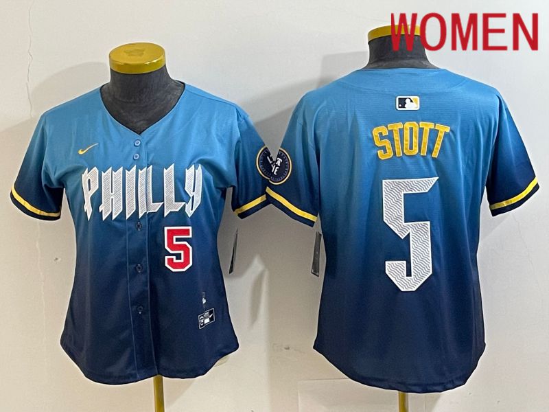 Women Philadelphia Phillies #5 Stott Blue City Edition Nike 2024 MLB Jersey style 3->women mlb jersey->Women Jersey